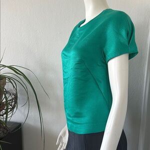 Ann Taylor Turquoise Satin Blouse XSP | Structured Short Sleeve Zip Back Top